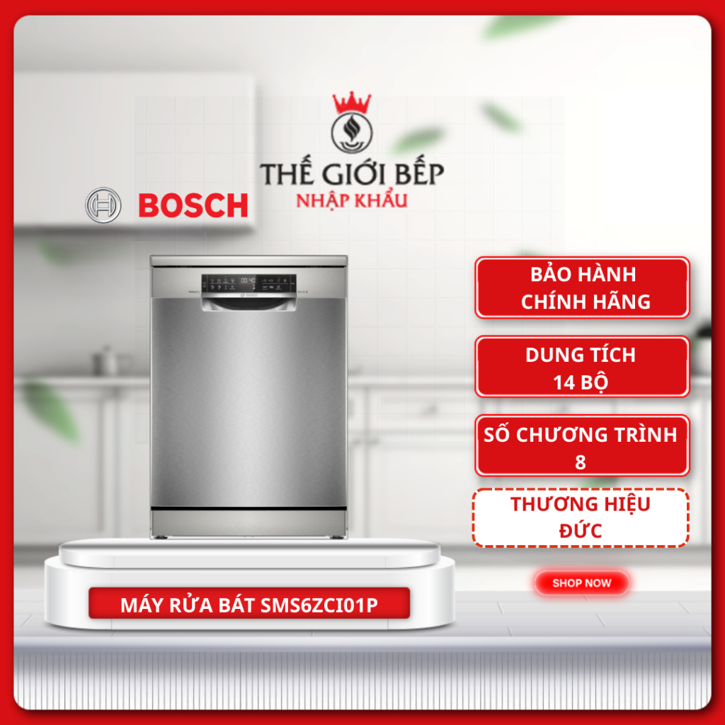 Máy Rửa Bát Bosch SMS6ZCI01P Series 6 Độc Lập Sấy Zeolith, 8 Chương Trình Thông Minh