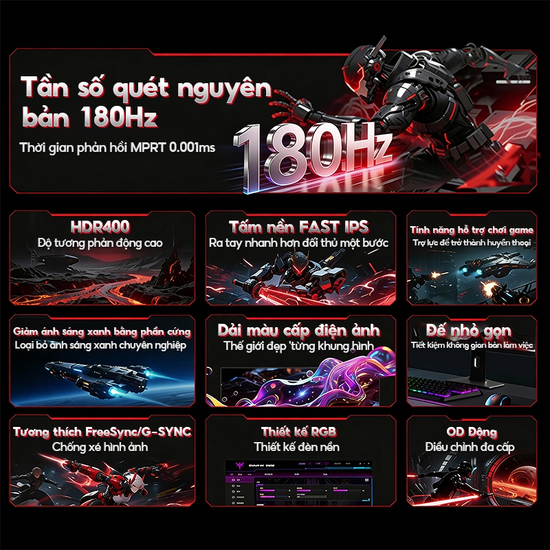 Màn Hình Gaming 27 Inch 2K QHD 180Hz – Chân Đế Nâng Hạ Xoay Dọc 16:9, Tặng Cáp HDMI