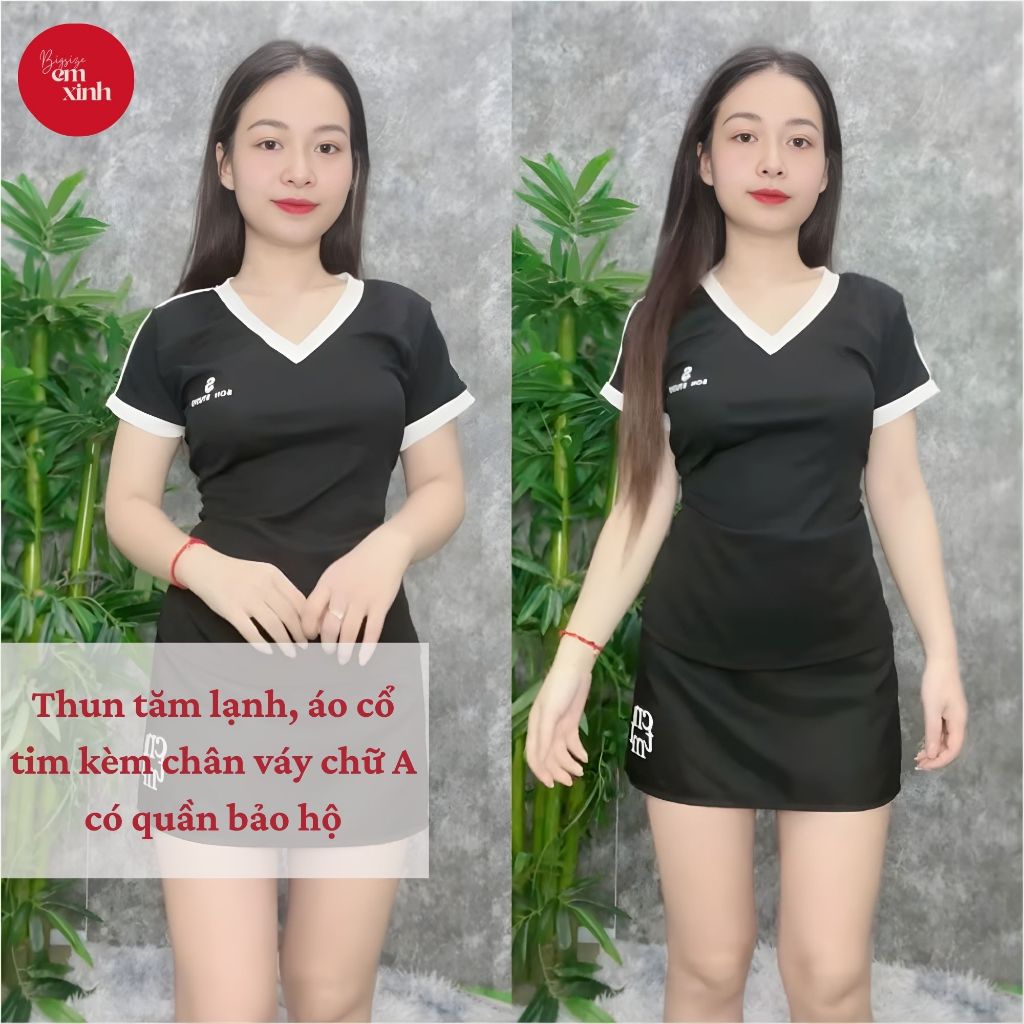 Set Nữ Cổ Tim Chân Váy Chữ A In Chữ – Set Váy Nữ Bigsize Freesize 50–90kg | BS042- Em Xinh Bigsize