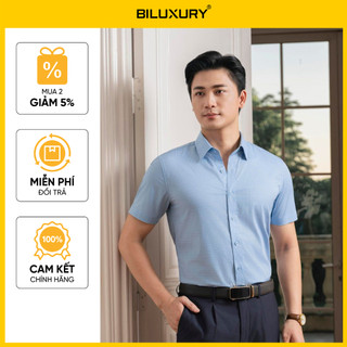 [T7_SALE 30%_HT] Áo Sơ Mi Nam Ngắn Tay Xanh Họa Tiết 9SMCH513XAH Biluxury Form SlimFit Kháng Khuẩn Bền Màu