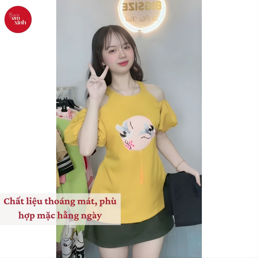 Set Nữ Cổ Yếm Hở Vai Tay Phồng Chân Váy Chữ A – Set Váy Nữ Bigsize Freesize 45–95kg | BS058- Em Xinh Bigsize