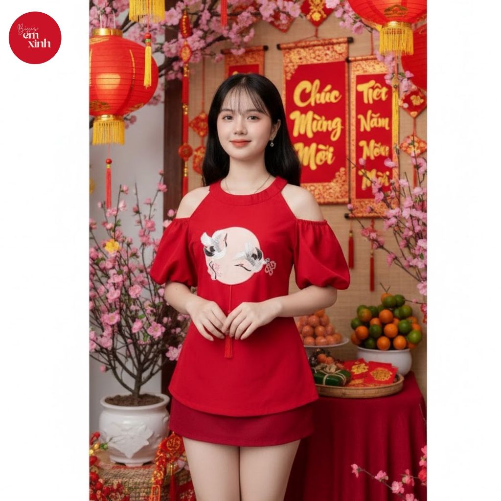 Set Nữ Cổ Yếm Hở Vai Tay Phồng Chân Váy Chữ A – Set Váy Nữ Bigsize Freesize 45–95kg | BS058- Em Xinh Bigsize