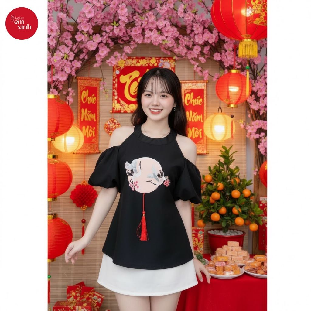 Set Nữ Cổ Yếm Hở Vai Tay Phồng Chân Váy Chữ A – Set Váy Nữ Bigsize Freesize 45–95kg | BS058- Em Xinh Bigsize