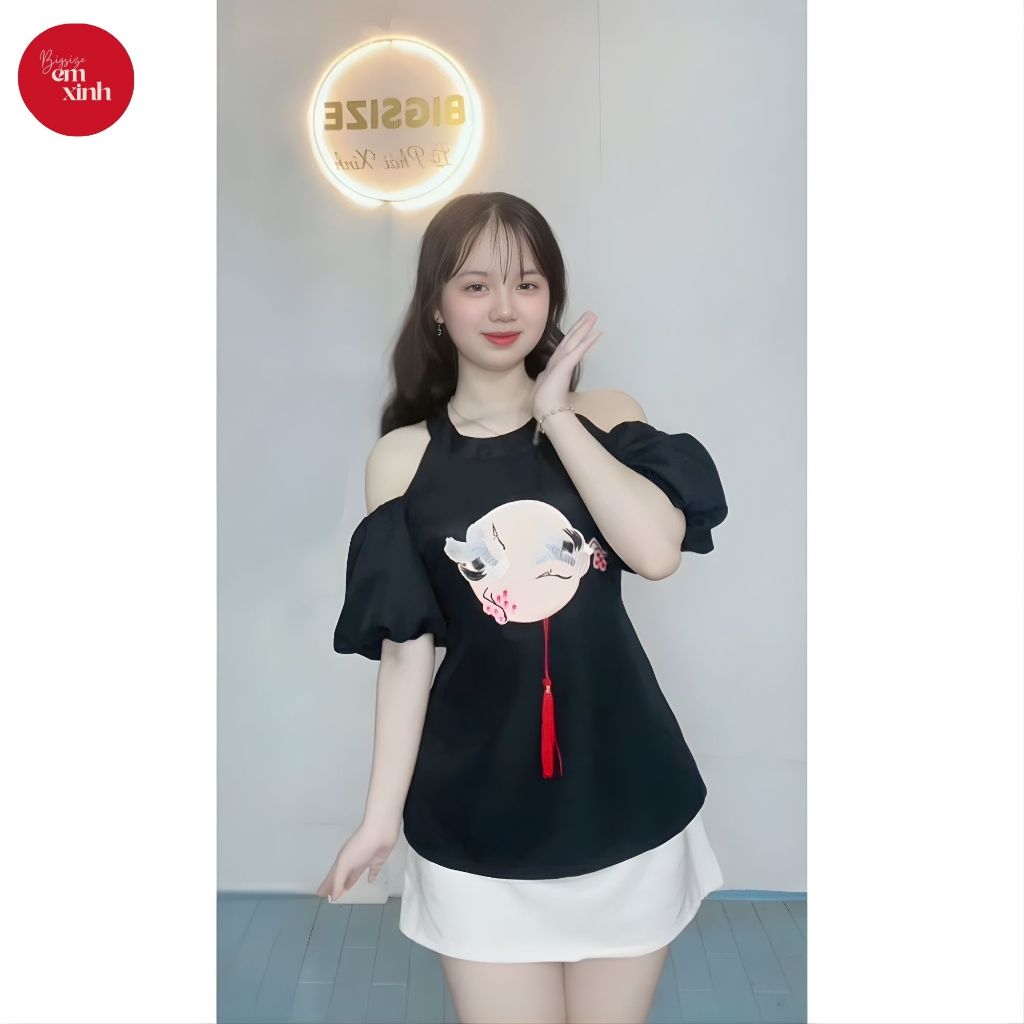 Set Nữ Cổ Yếm Hở Vai Tay Phồng Chân Váy Chữ A – Set Váy Nữ Bigsize Freesize 45–95kg | BS058- Em Xinh Bigsize