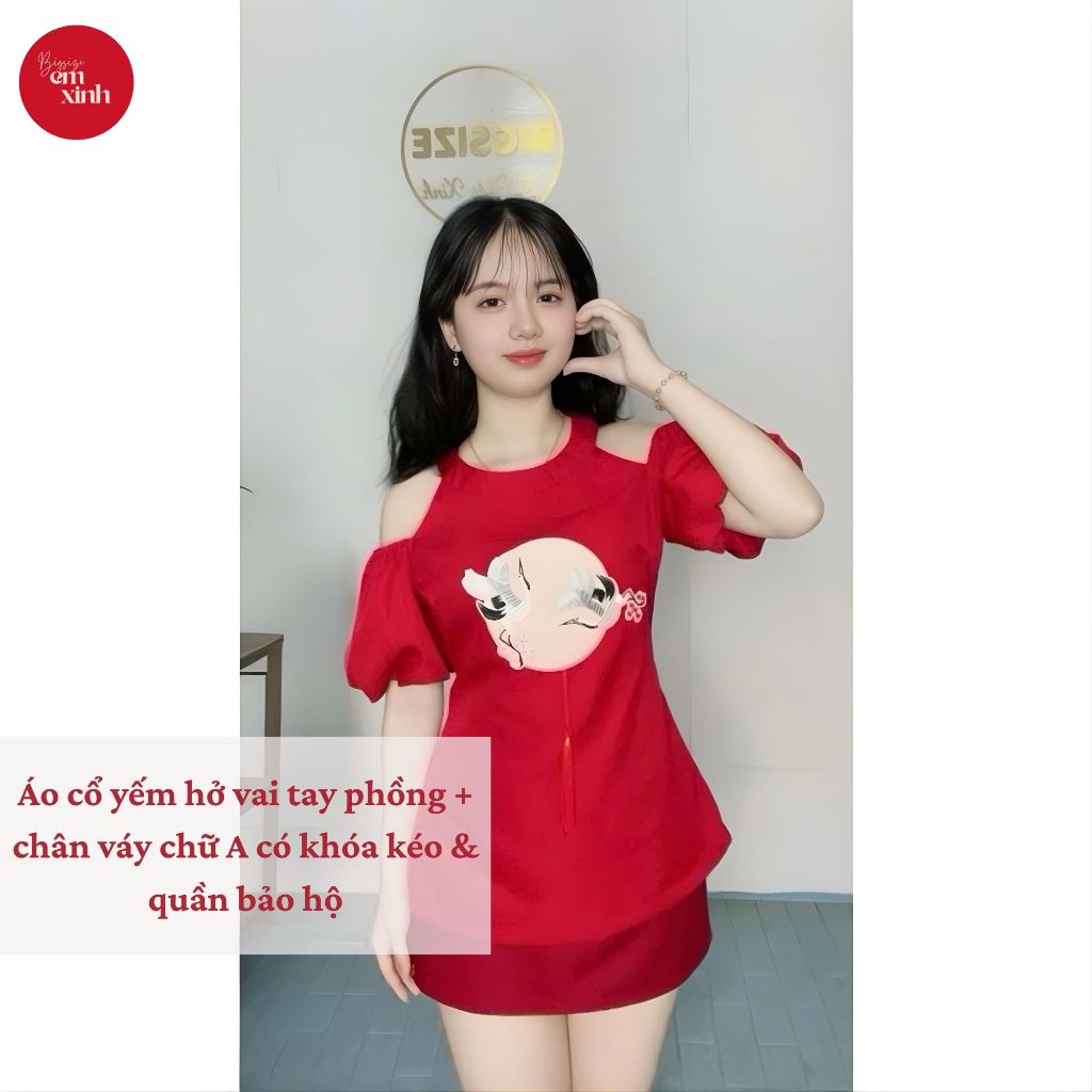 Set Nữ Cổ Yếm Hở Vai Tay Phồng Chân Váy Chữ A – Set Váy Nữ Bigsize Freesize 45–95kg | BS058- Em Xinh Bigsize