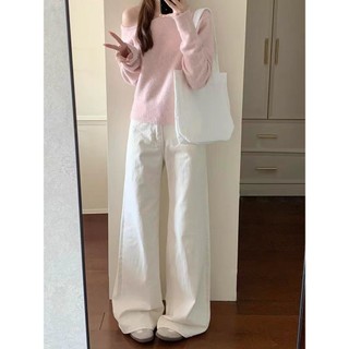 Quần Kaki Nữ trơn Cạp Cao Jean Trắng ống rộng dáng suông đứng Avo Avocado chất Kaki Bò Dáng dài Lưng Cao