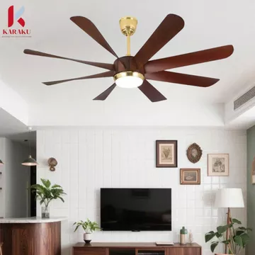 Quạt Trần Đèn 8 Cánh Màu Vân Gỗ Mâm Vàng K03 Gold, Quạt Trần Trang Trí Phòng, Động Cơ DC, Đảo Chiều