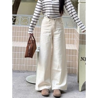 Quần Kaki Nữ trơn Cạp Cao Jean Trắng ống rộng dáng suông đứng Avo Avocado chất Kaki Bò Dáng dài Lưng Cao