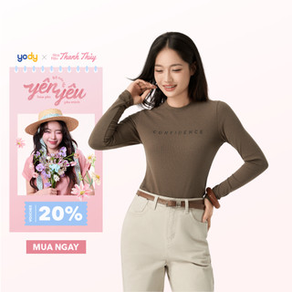 Áo thun giữ nhiệt nữ YODY cổ tròn in chữ CONFIDENT, vải mềm mịn slimfit tối giản WCLT25F023