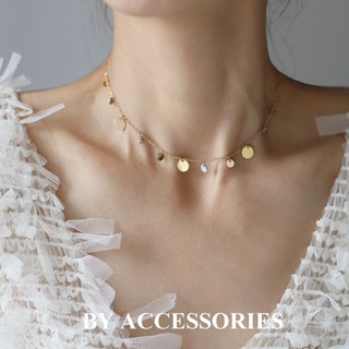 Dây chuyền choker nữ titan sequin xích phối mặt tròn to nhỏ 3 màu mạ vàng không gỉ WN2632 BY ACCESSORIES