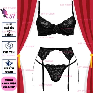 A2208 Nội Y Ren Đen Có Cúp Gọng Nâng Đẩy Gợi Cảm Phong Cách Âu Mỹ Sexy Phối Dây Eo Đùi Quyến Rũ