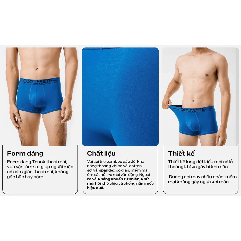[MUA 4 GIẢM 20%]Combo 3 Quần lót Nam Trunk Ex-Comfort Modern Bamboo màu Xanh Coban mềm mại kháng khuẩn Coolmate