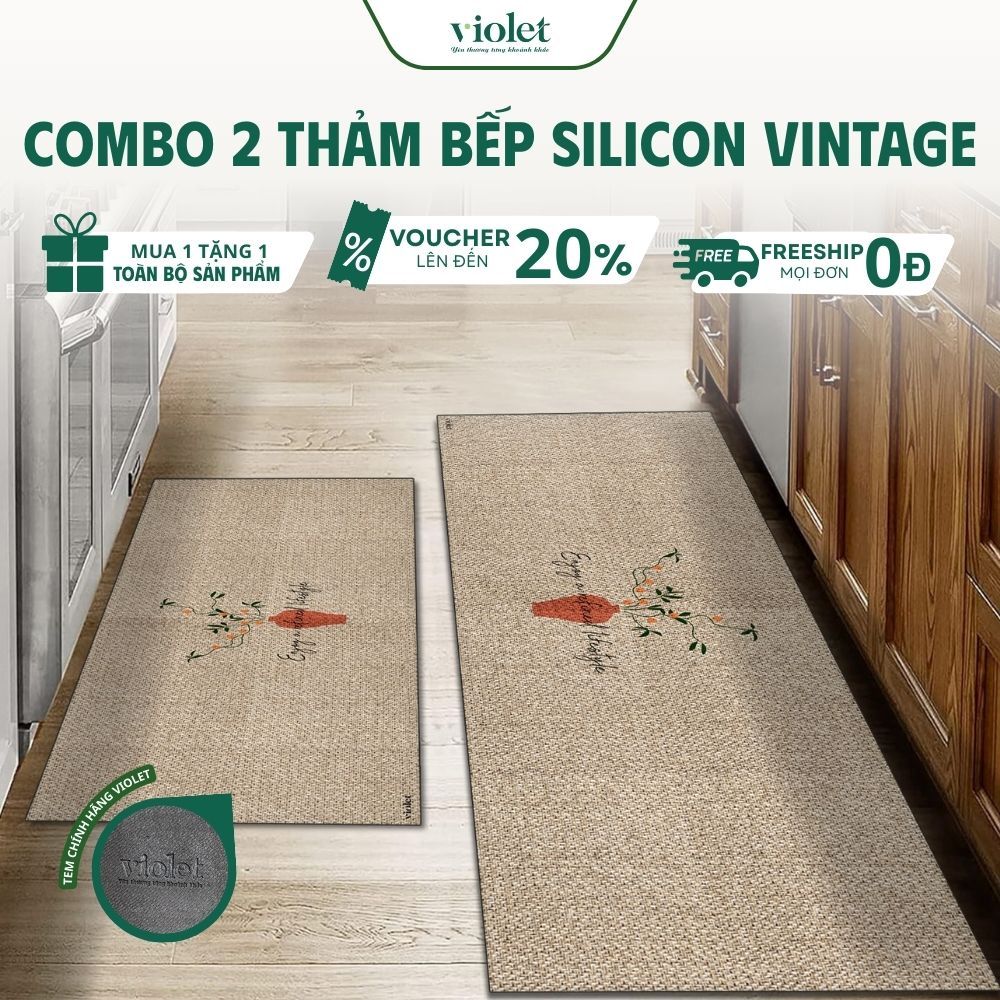 Combo 2 Thảm Bếp Silicon Violet – Cổ Điển Vintage, Thấm Nước, An Toàn, Chống Trầy Xước,Dễ Vệ Sinh