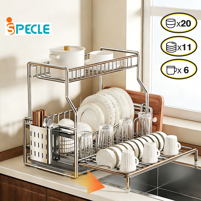 iSPECLE Kệ Đựng Chén Bát Inox 2 Tầng - Có Ngăn Đựng Thớt & Ống Đũa, Dễ Dàng Vệ Sinh