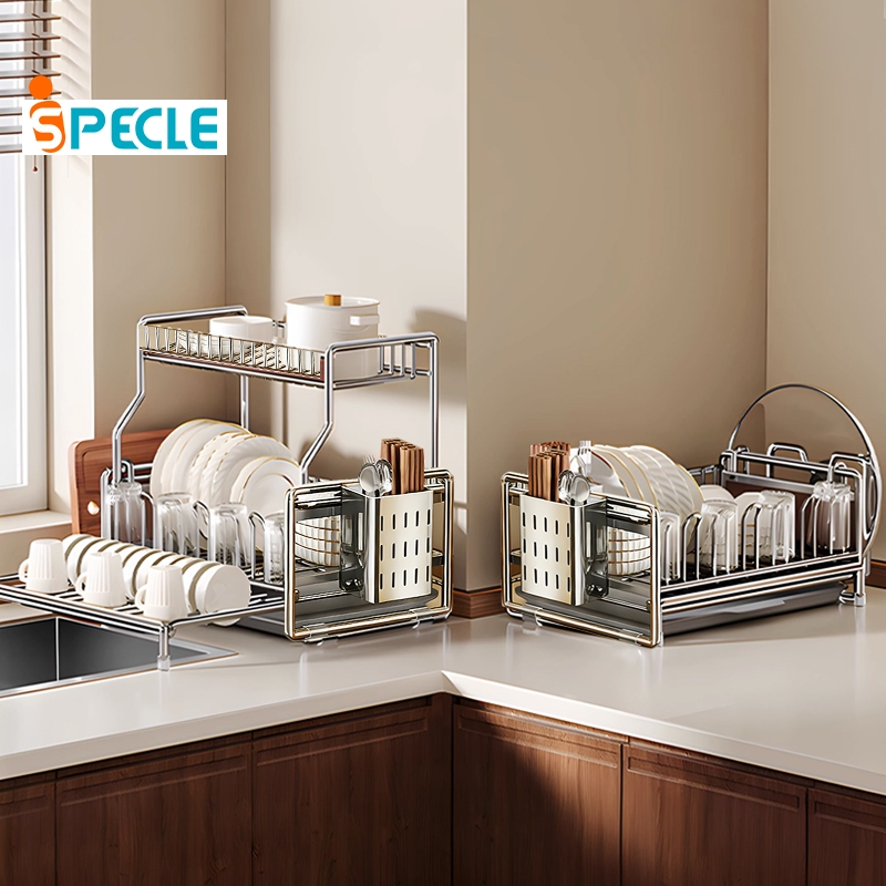iSPECLE Kệ Đựng Chén Bát Inox 2 Tầng - Có Ngăn Đựng Thớt & Ống Đũa, Dễ Dàng Vệ Sinh