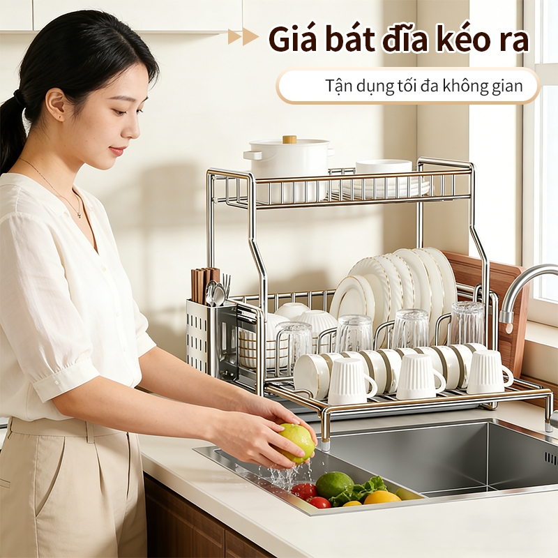 iSPECLE Kệ Đựng Chén Bát Inox 2 Tầng - Có Ngăn Đựng Thớt & Ống Đũa, Dễ Dàng Vệ Sinh