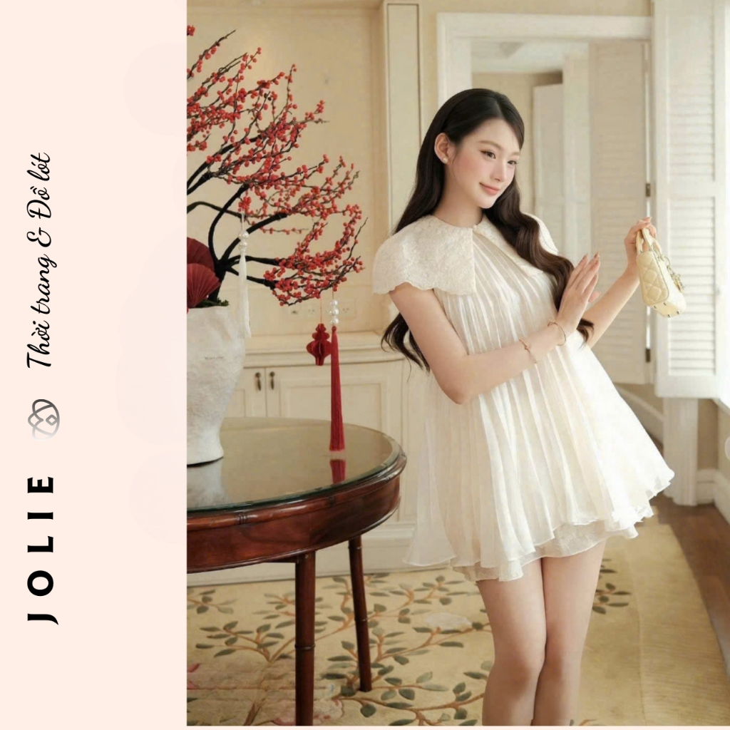 Váy Xếp Ly Dáng Suông Cổ Ren Cách Điệu, Đầm Công Chúa Phối Voan Tầng Tiểu Thư Nhẹ Nhàng Nữ Tính