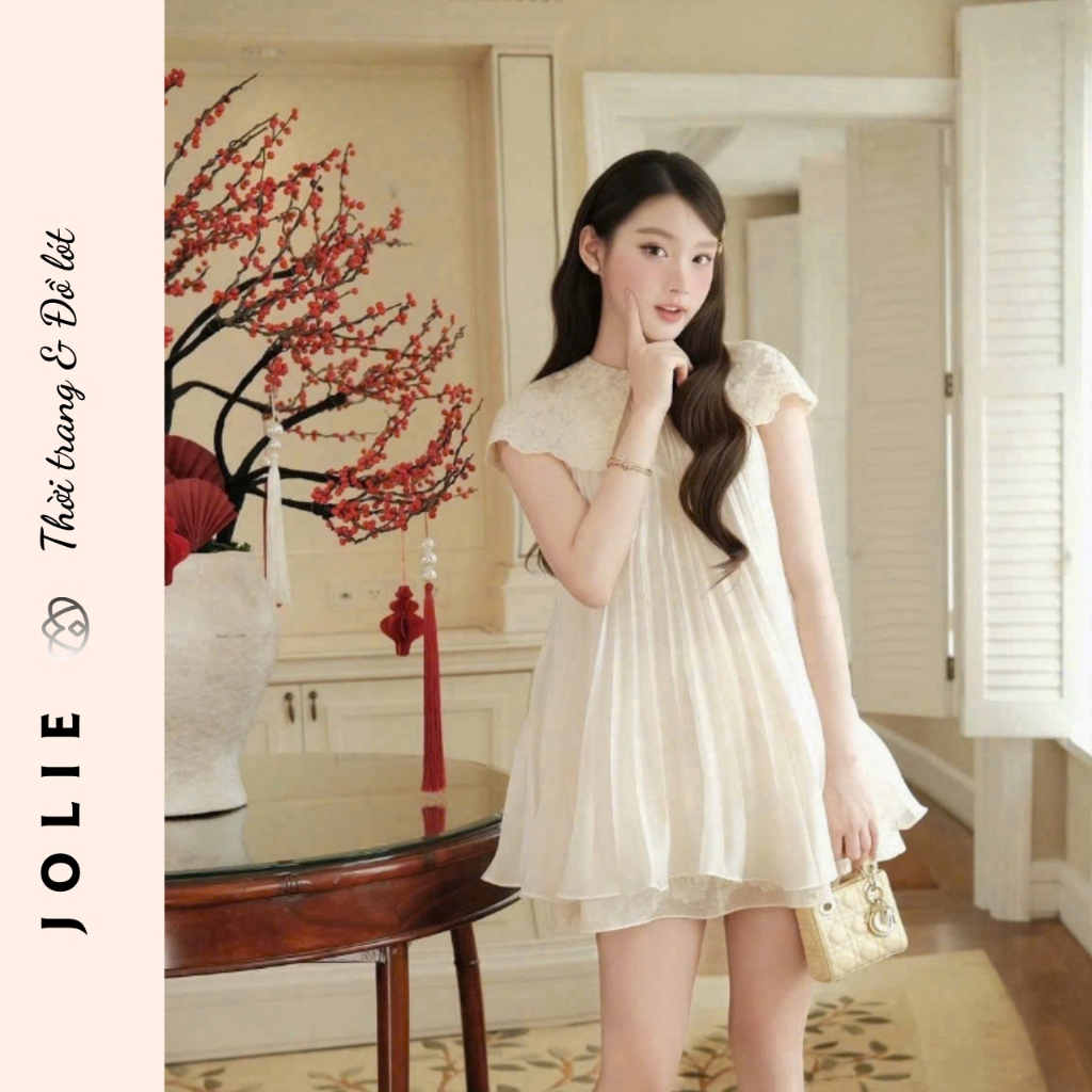 Váy Xếp Ly Dáng Suông Cổ Ren Cách Điệu, Đầm Công Chúa Phối Voan Tầng Tiểu Thư Nhẹ Nhàng Nữ Tính