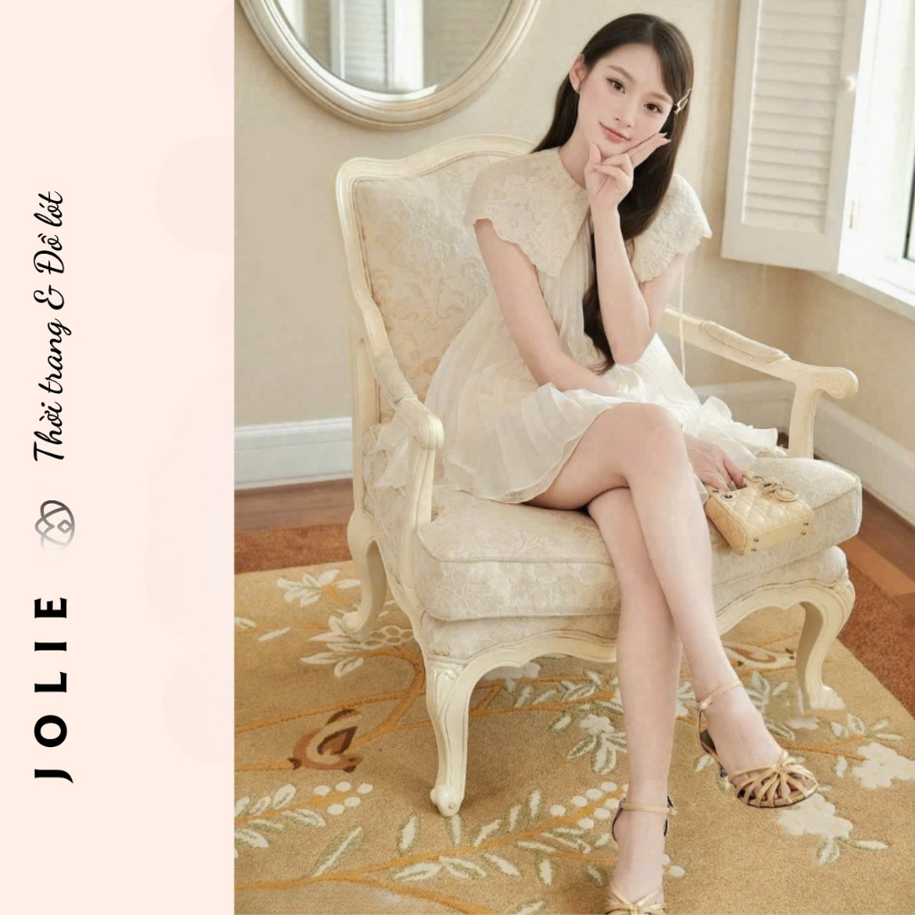 Váy Xếp Ly Dáng Suông Cổ Ren Cách Điệu, Đầm Công Chúa Phối Voan Tầng Tiểu Thư Nhẹ Nhàng Nữ Tính