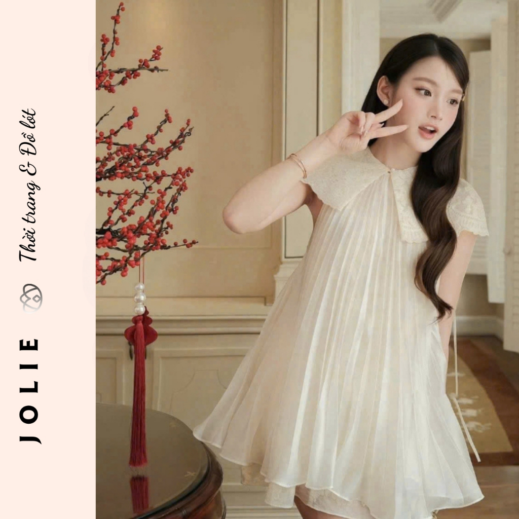 Váy Xếp Ly Dáng Suông Cổ Ren Cách Điệu, Đầm Công Chúa Phối Voan Tầng Tiểu Thư Nhẹ Nhàng Nữ Tính