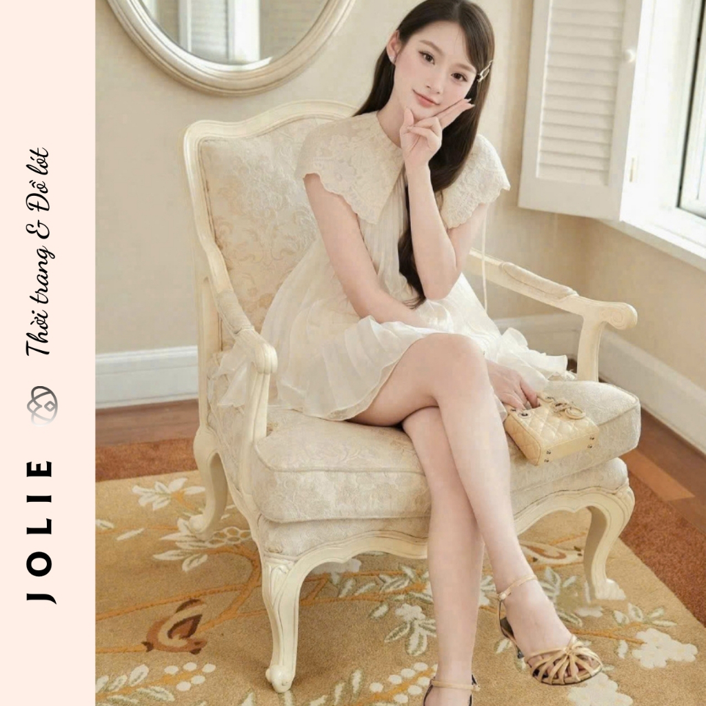 Váy Xếp Ly Dáng Suông Cổ Ren Cách Điệu, Đầm Công Chúa Phối Voan Tầng Tiểu Thư Nhẹ Nhàng Nữ Tính