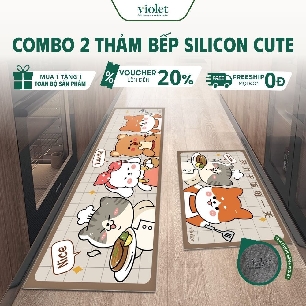 Combo 2 Thảm Bếp Silicon Violet – In Hình Dễ Thương, Thấm Nước, Chống Trầy Xước, Dễ Lau Chùi