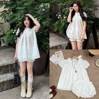 [S2.4290] Set Thô Boi Hoa Nổi Áo Babydoll Cổ Sen Bèo Mix Quần Bí Phồng Hàng 2 Lớp Siêu Xinh