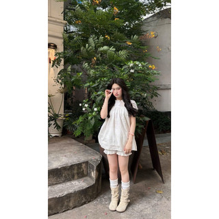 [S2.4290] Set Thô Boi Hoa Nổi Áo Babydoll Cổ Sen Bèo Mix Quần Bí Phồng Hàng 2 Lớp Siêu Xinh