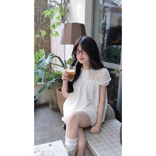 [S2.4290] Set Thô Boi Hoa Nổi Áo Babydoll Cổ Sen Bèo Mix Quần Bí Phồng Hàng 2 Lớp Siêu Xinh
