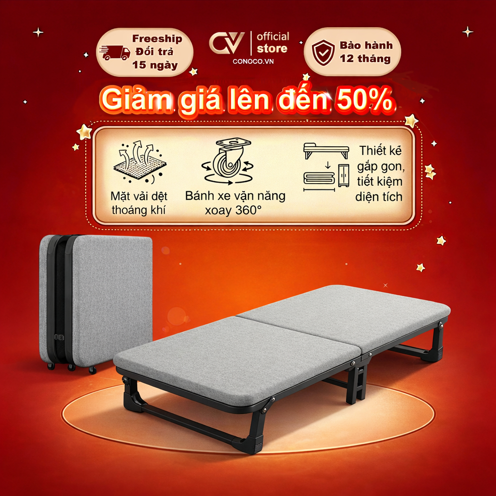 CONOCO Giường gấp thông minh 3 bước gấp gọn có bánh xe nệm cao su non cho văn phòng