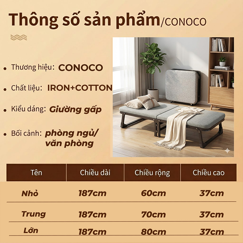 CONOCO Giường gấp thông minh 3 bước gấp gọn có bánh xe nệm cao su non cho văn phòng