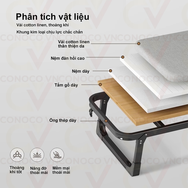 CONOCO Giường gấp thông minh 3 bước gấp gọn có bánh xe nệm cao su non cho văn phòng