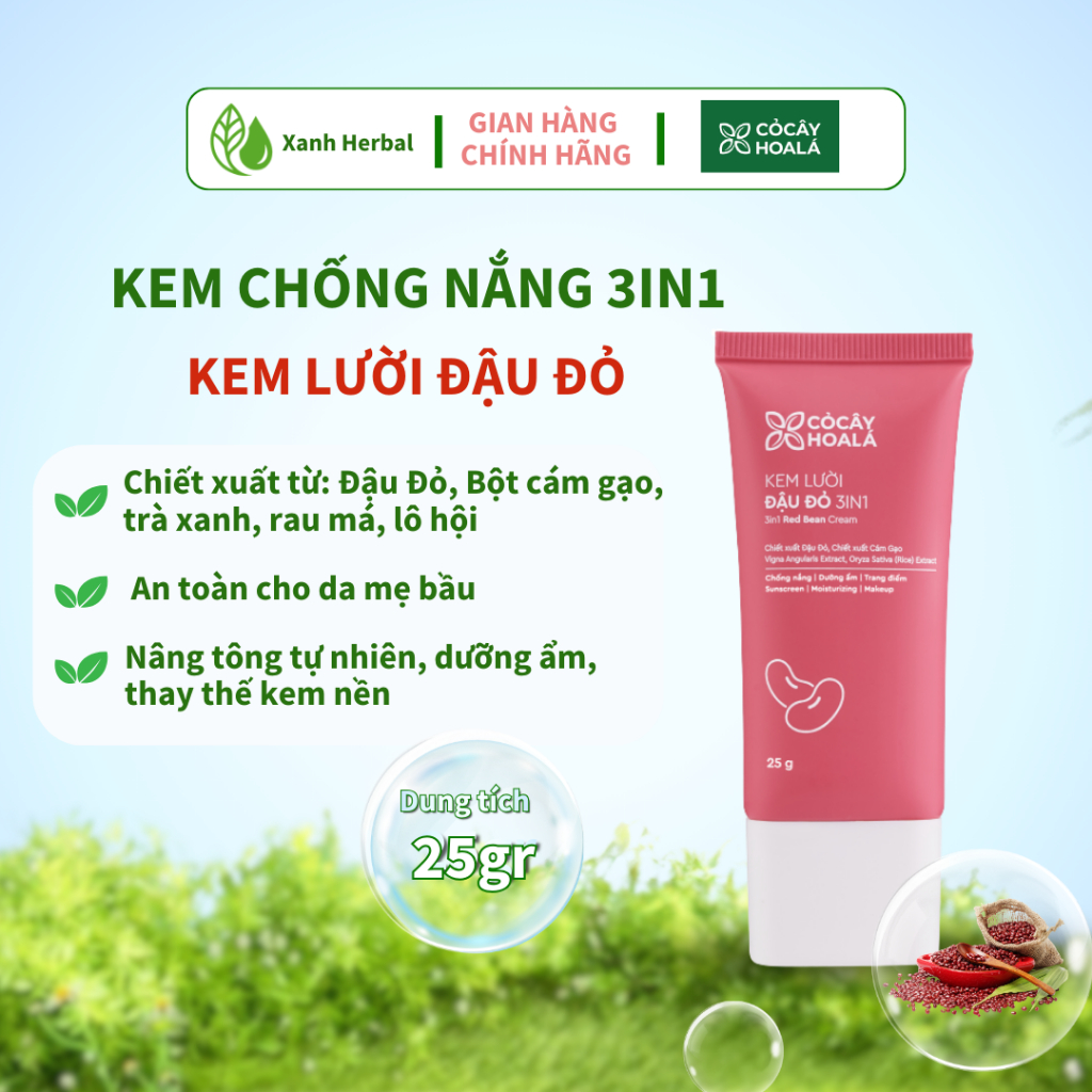 Kem Chống Nắng Đậu Đỏ Cỏ Cây Hoa Lá 3in1 - Kem Nền Nâng Tông - Chống Nắng Dưỡng Da An Toàn Cho Mẹ Bầu - Xanh Hebal
