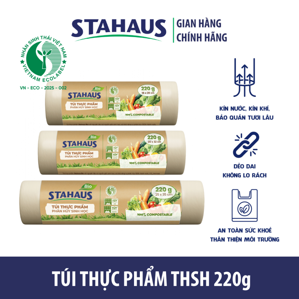 Túi đựng thực phẩm tự phân hủy sinh học STAHAUS Kín nước, Dẻo dai - Hàng chính hãng An toàn Sức khỏe
