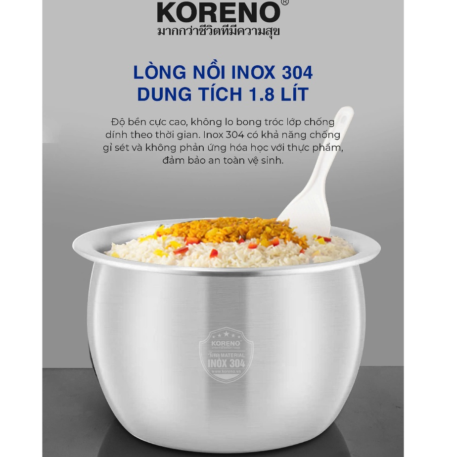Nồi Cơm KoreNo Lòng Niêu Inox 304 Dày Nặng 1Kg, Nấu Cơm Nhanh, Bảo Hành 12 Tháng