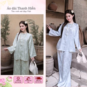 Pháp phục bà ba lụa gấm trúc mềm mại, set đồ lam dáng suông cổ nơ cách điệu đi lễ, đi chùa, đi chơi Áo dài Tha