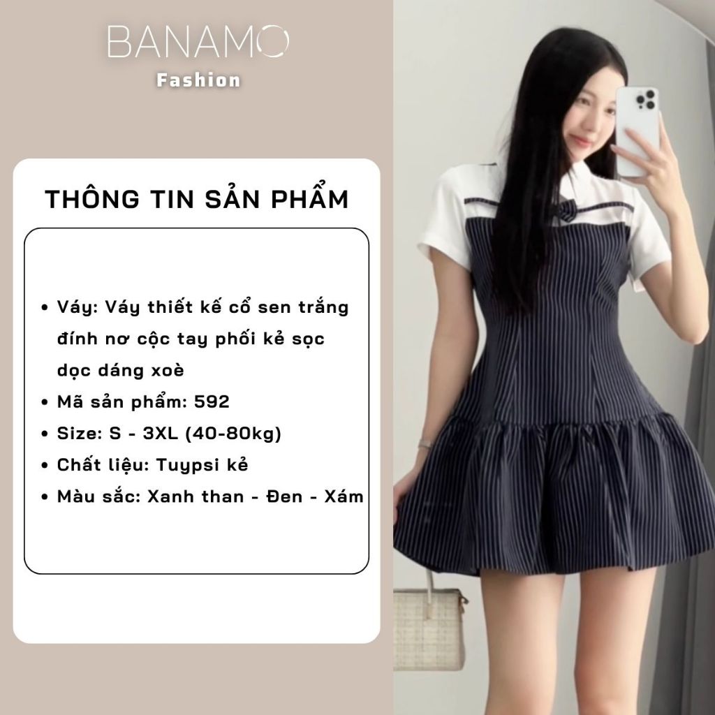 Đầm nữ BIGSIZE Banamo Fashion váy thiết kế cổ sen trắng đính nơ cộc tay phối kẻ sọc dọc dáng xoè tiểu thư 592