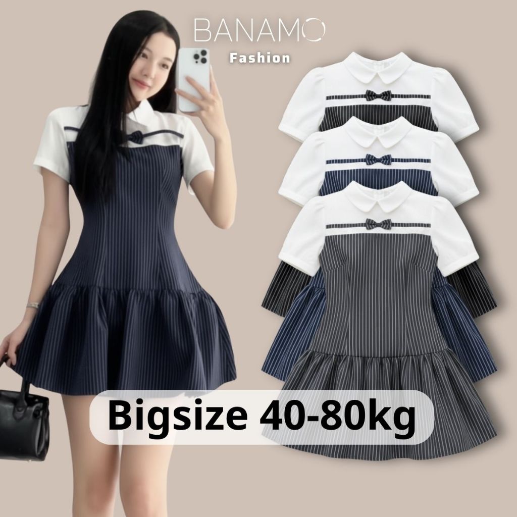 Đầm nữ BIGSIZE Banamo Fashion váy thiết kế cổ sen trắng đính nơ cộc tay phối kẻ sọc dọc dáng xoè tiểu thư 592