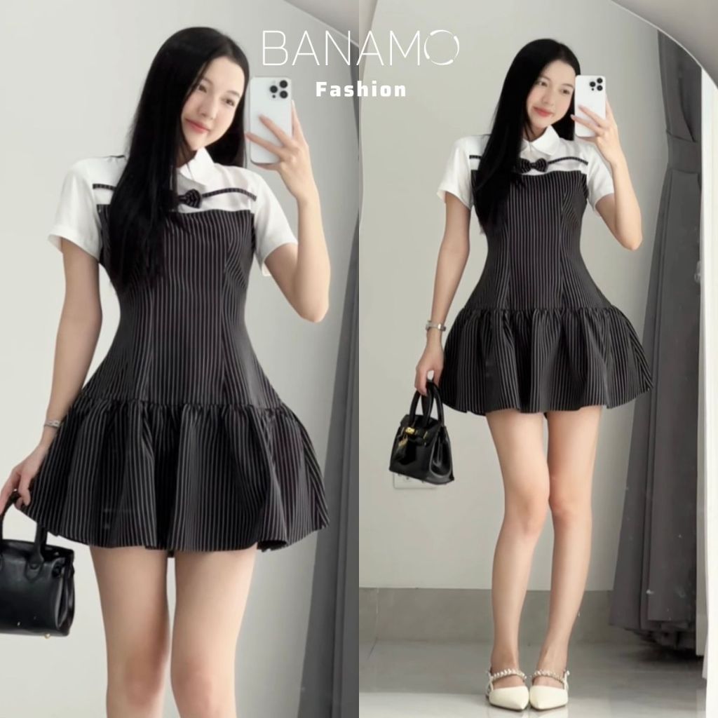 Đầm nữ BIGSIZE Banamo Fashion váy thiết kế cổ sen trắng đính nơ cộc tay phối kẻ sọc dọc dáng xoè tiểu thư 592