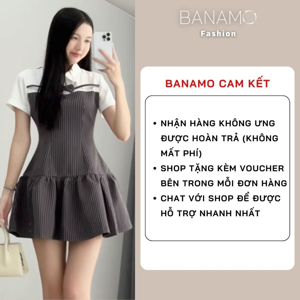 Đầm nữ BIGSIZE Banamo Fashion váy thiết kế cổ sen trắng đính nơ cộc tay phối kẻ sọc dọc dáng xoè tiểu thư 592