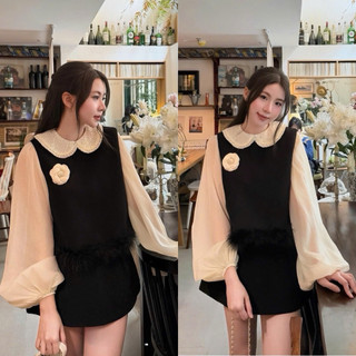 [S2.4291] Set 3 Món Tuyết Mưa Áo Gile Phối Lông Mix Áo Tơ Tay Phồng Cổ Sen Bèo + Chân Váy Kèm Tang Hoa Rời