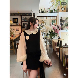 [S2.4291] Set 3 Món Tuyết Mưa Áo Gile Phối Lông Mix Áo Tơ Tay Phồng Cổ Sen Bèo + Chân Váy Kèm Tang Hoa Rời