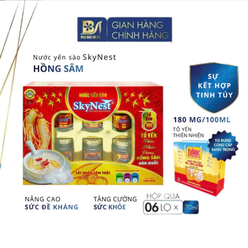 [Hộp quà 6 lọ x70ml] Nước Yến sào SkyNest 180mg/100ml Tổ Yến chưng Hồng Sâm Hàn Quốc, Lát Hồng Sâm thật