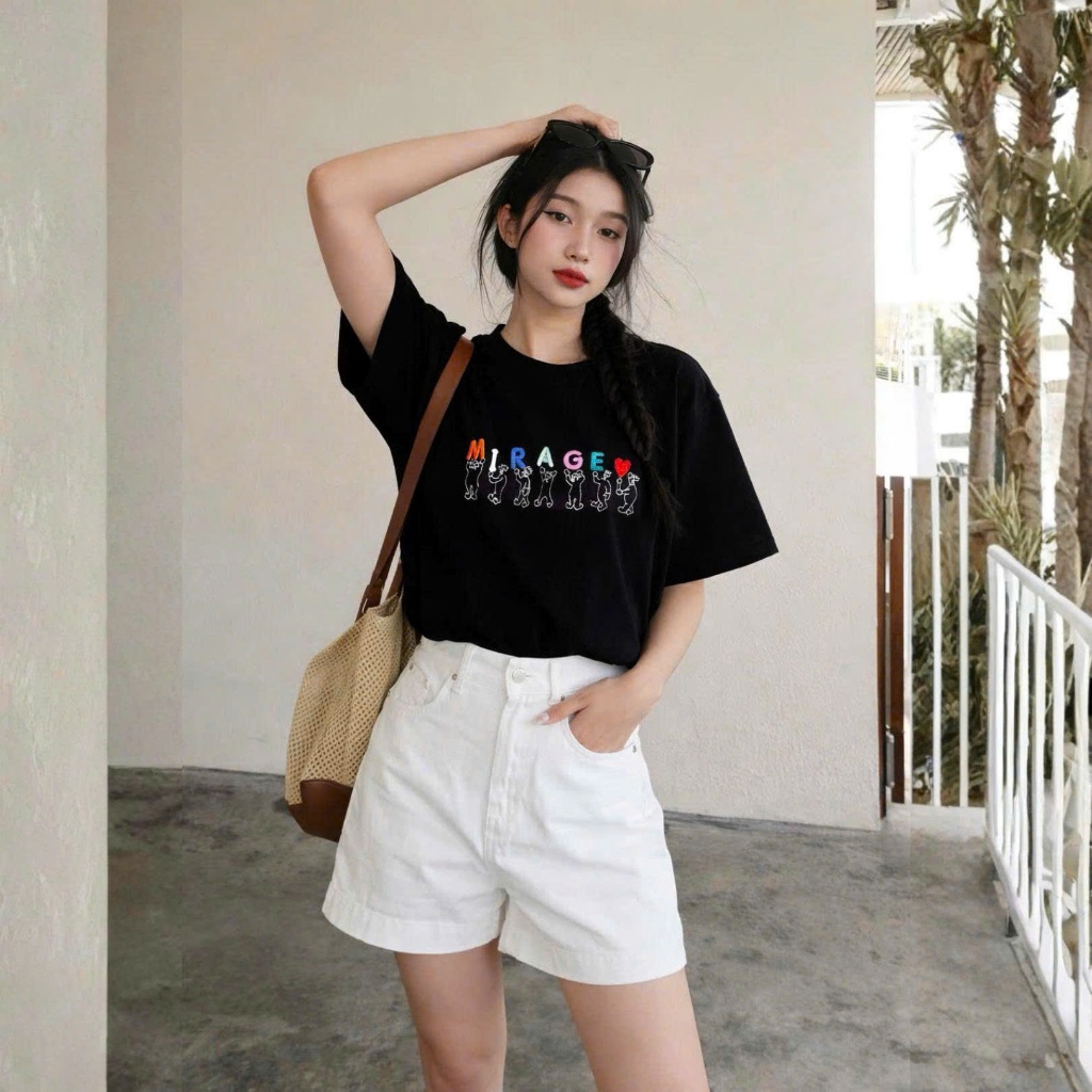 Áo Thun Mirage Thêu Chữ Màu Đen Nghệ Thuật Chất 100% Cotton Mềm Mịn Thoáng Mát.