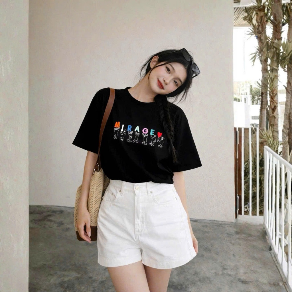 Áo Thun Mirage Thêu Chữ Màu Đen Nghệ Thuật Chất 100% Cotton Mềm Mịn Thoáng Mát.