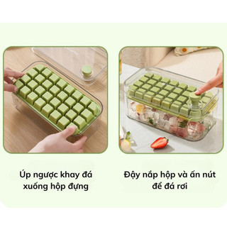Hộp Khay Làm Đá Viên 2 Lớp Nhấn Lấy Đá Tự Động, Khay Làm Đá Tủ Lạnh 56 Ô Có Nắp Ngăn Mùi Tiện Lợi