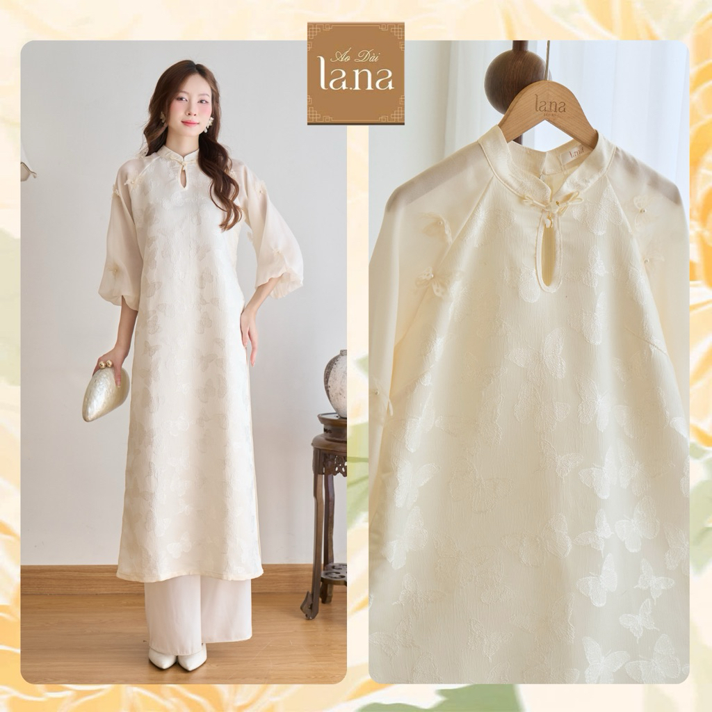 LANA Set áo dài gấm Tịnh Nghi trắng kem tay bồng lửng dáng suông cách tân Mặc Đi Tiệc Cưới, chụp ảnh - SD384