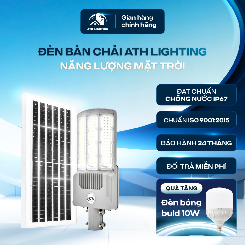 Đèn Năng Lượng Mặt Trời Bàn Chải ATH LIGHTING  Loại Đèn Có 3 Mặt Chiếu Sáng Thế Hệ Mới Công Suất 400W 500W 600W Vỏ Nhôm