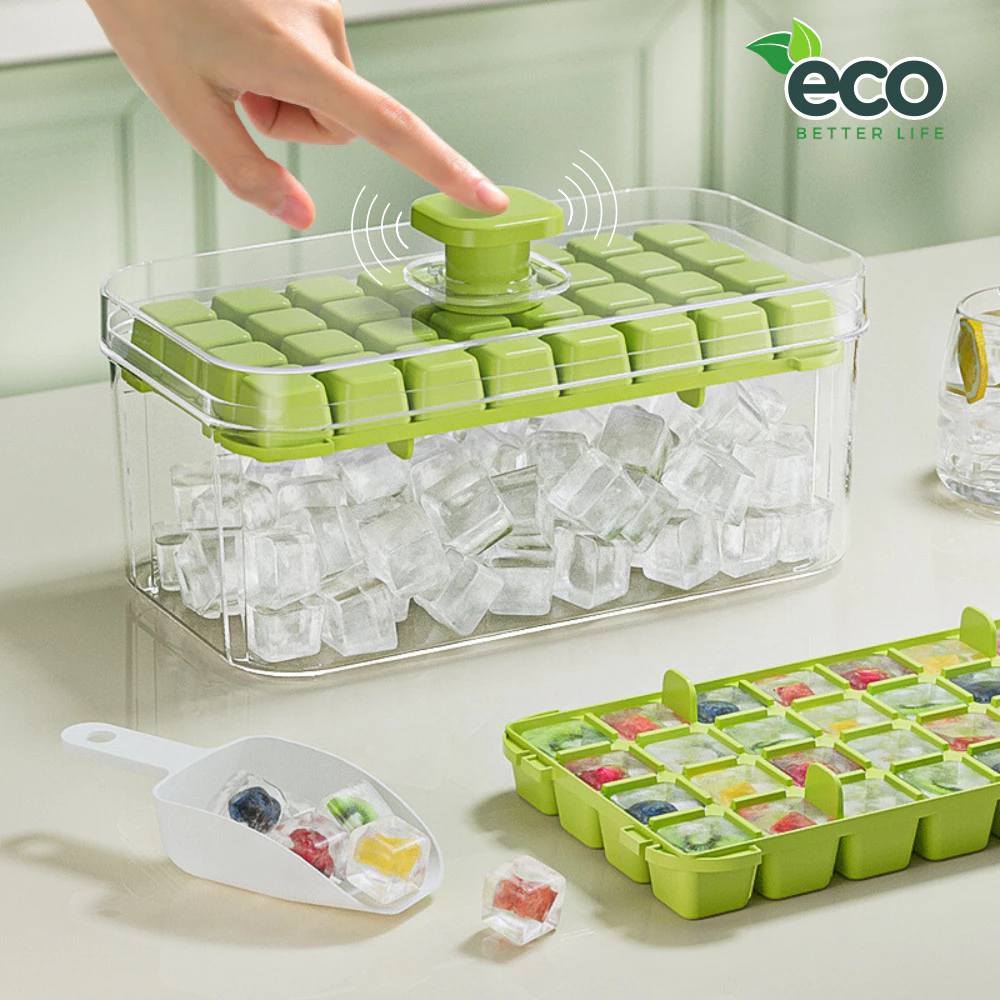Hộp khay làm đá thông minh ECO nhấn nút lấy đá dễ dàng, Khay đá 56 viên 2 tầng tiện lợi thông minh