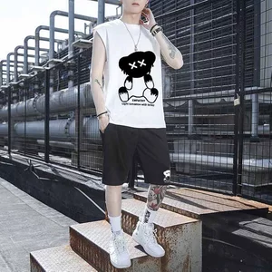 Đồ bộ Nam tập gym phối sọc viền ,Áo ba lỗ in HÌNH GẤU quần sọt phối hai túi eo lung thun Phong cách thể thao SSL